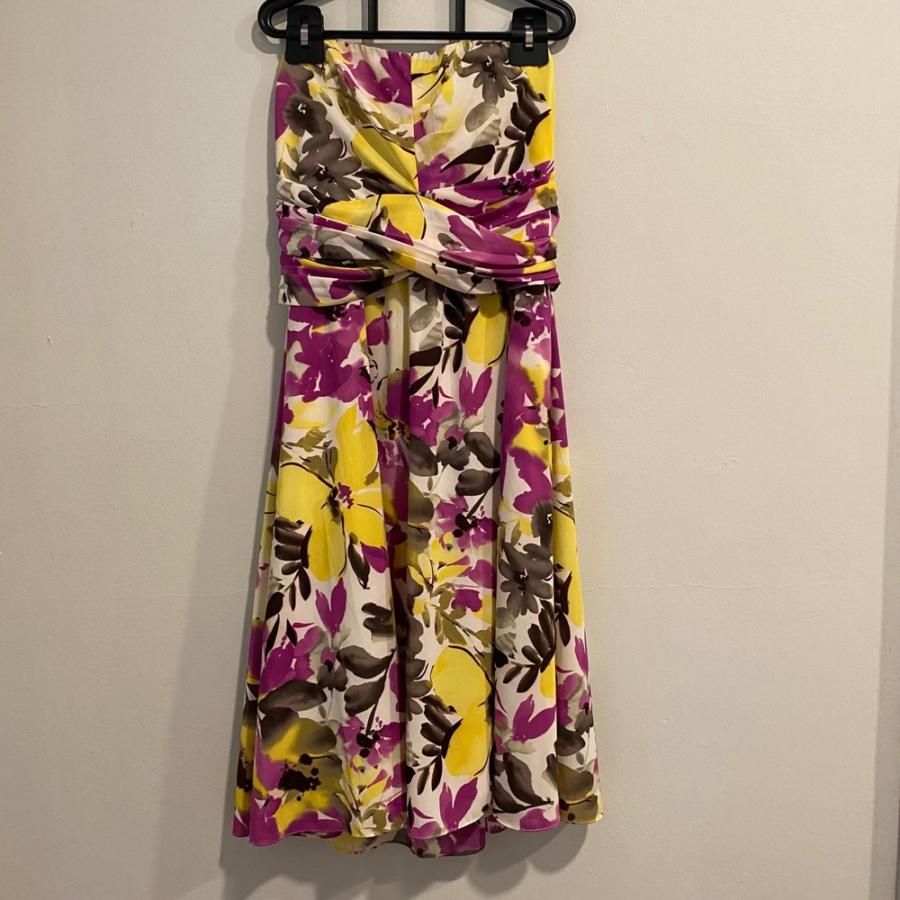 The Limited‎ Floral Strapless Dress Yellow Purple Brown Midi Party Cocktail